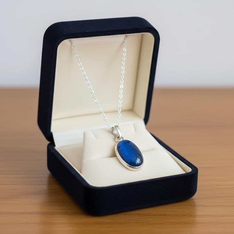 Collier quartz bleu naturel pendentif pierre ovale facettes avec chaîne 45 cm