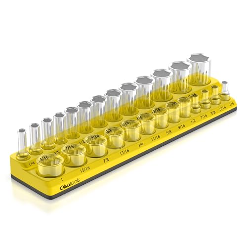Image of Olsa Tools Magnetic Socket Organizer - 3 /8-Inch Drive SAE Socket Holder with Strong Magnets - Professional Tool Holder and Organizer - Stores up to 16 Sockets - Yellow - Part: 1350