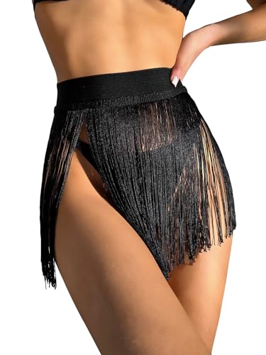 GORGLITTER Women's Fringe Sheer Rave Mini Skirt Beach Tassel High Waisted Swimsuit Coverup Skirts3