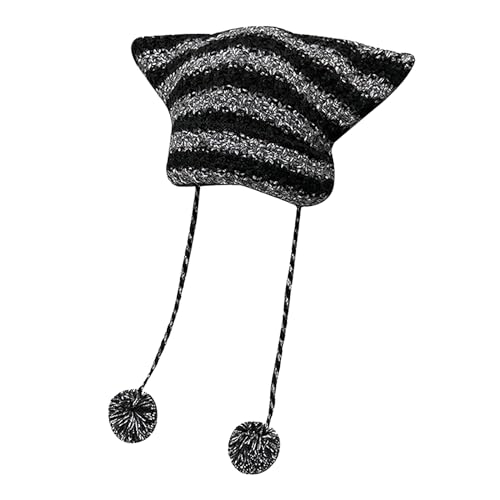 Bonnet crochet rayé Y2K avec cornes de diable tricotées pour femme