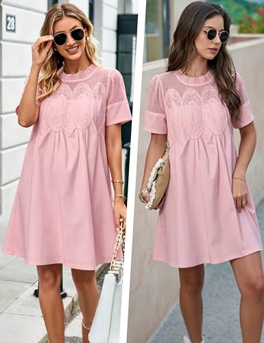 Image of Shiyifa Womens Babydoll Lace Patchwork Dresses Summer Short Sleeve Ruffle Sundress Loose Crew Neck A-Line Dresses