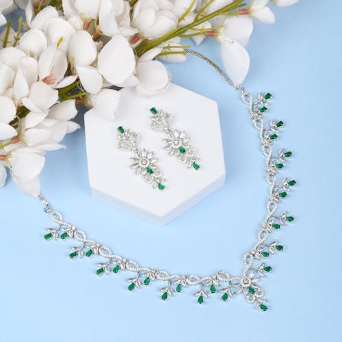 Image of Alloy White Plated American Diamond Necklace Set for Women and Girls with Matching Earrings, S Hook Closure Necklace and Push Plug Earrings for Traditional Outfit