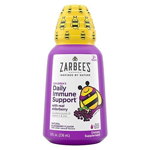 Zarbee's Black Elderberry Syrup for Kids, Daily Immune Support with Vitamin C, Zinc & Real Elderberry, Childrens Liquid Supplement, 8 fl oz