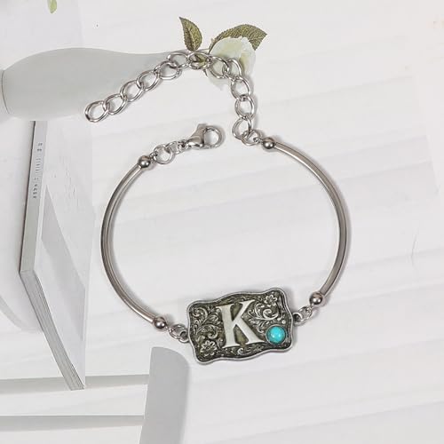 Image of Belt Buckle Bracelet Initial Letter A-Z Bracelets Western Cow Tag Bracelet Belt Buckle Necklace Western Style Initial Letter Pendant Necklace