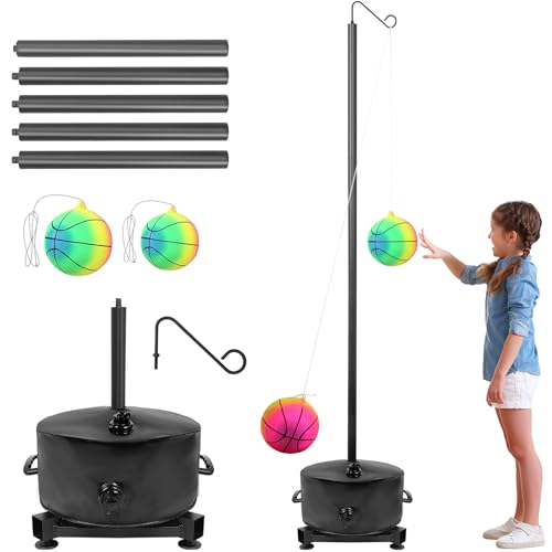 Domivans Portable Tetherball Set with Ball and Rope, 5 Adjustable Height Poles with Water Bag Base,