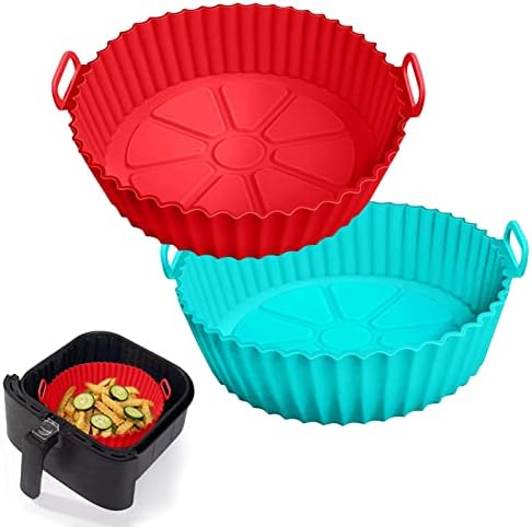 2 Pack Air Fryer Silicone Liners Pot for 3 to 5 QT, Air Fryer Silicone Basket Bowl, Replacement of Flammable Parchment Paper, Reusable Baking Tray Oven Accessories, Red+Blue, (Top 8in, Bottom 6.75in)