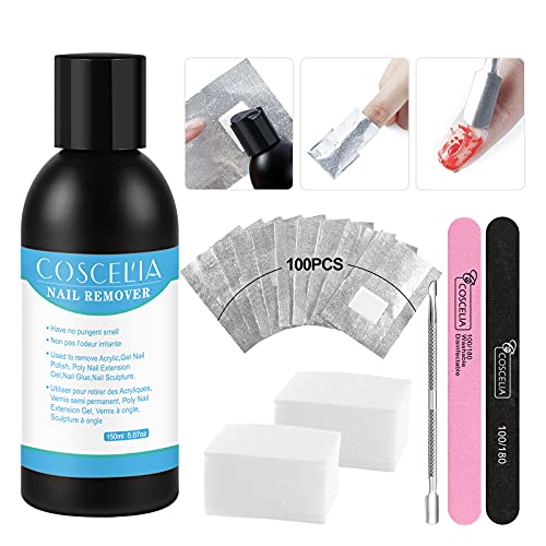 Nail Polish Remover Tools Kit 150ML Nail Polish Remover 200Pcs Wipe Cotton Pads 100Pcs Nail Polish Remover Pads Cuticle Pusher Nail Files Professional Gel Nail Polish Removal Accessories
