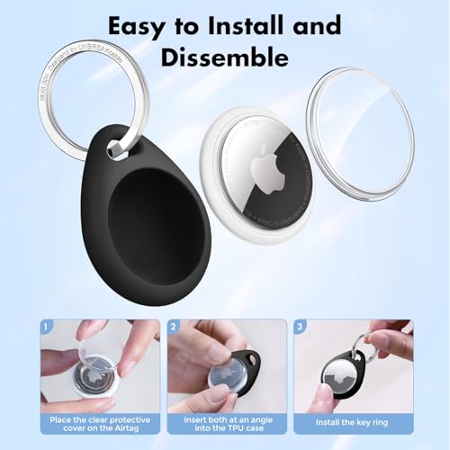 Image of UNBREAKcable Holder for Apple AirTag 4 Pack [Hold Air Tag Securely] [Easy to Install] [Fit Tightly Design] Protective Case Waterproof TPU Shell with 304 Stainless Steel Key Ring Keychain, Black