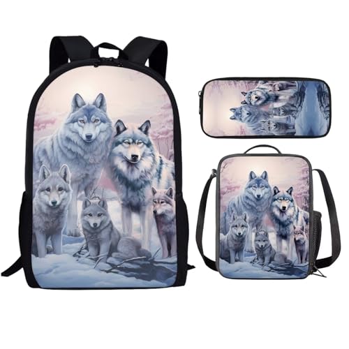 INSTANTARTS Wolf Family Schoolbag for Girls Backpack and Lunch Box Pencil Case Lightweight Bookbags 8-12 Kids Backpack Sets 3 Pcs Elementary School Bag