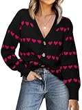 Saodimallsu Womens Heart Cardigan Sweaters Valentines V Neck Button Down Long Sleeve Knit Striped Sweater Coats Black