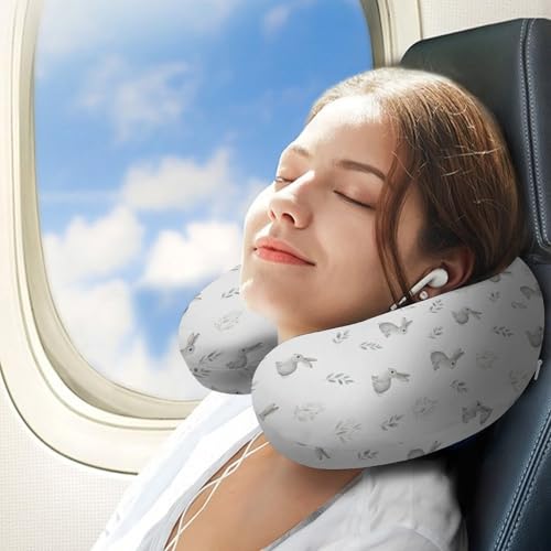 Image of Stylish U Shaped Travel Neck Pillow Memory Foam Chin Support Easter Bunny Rabbit Animal, Breathable Washable Cover for Airplane Car Office Decor