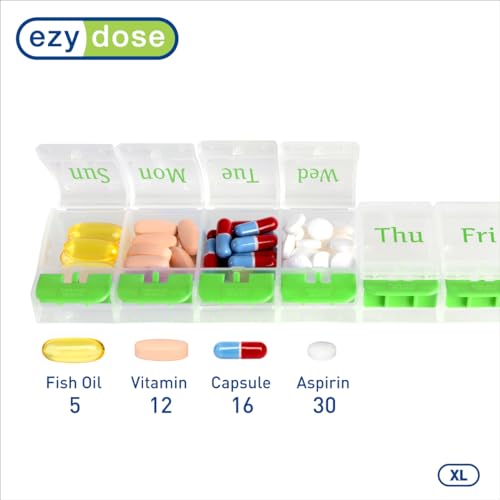 Image of Ezy Dose Weekly (7-Day) Pill Organizer, X-Large Medicine Case, Green /Clear | Daily Vitamin & Supplement Planner, Spacious Push-Button Compartments, Convenient & Easy to Use, Travel-Friendly, BPA-Free