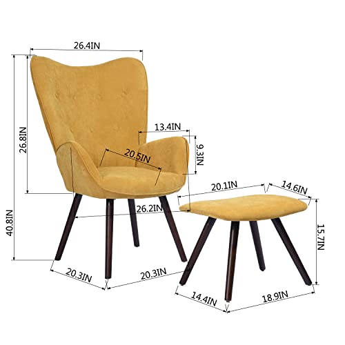 Furniturer Mid-Century Modern Accent Chair Ottoman Set, Wingback Tufted Button Armchair Cloth Fabric Upholstery With Solid Wood Legs Leisure Chair For Living Room，Yellow #TOP2