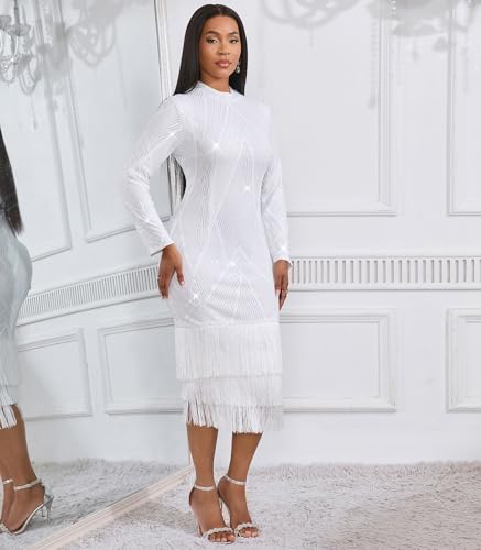 Image of Cololura Sexy Elegant Women Sequin Long Sleeve Tassel Bodycon Midi Dress Party Evening Gown Formal Dress