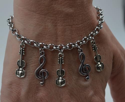 Image of Adjustable 8.5 inch Stainless Steel Bracelet Cello Violin Viola Bass Treble Clef Personalize with Clip on Charms 68L