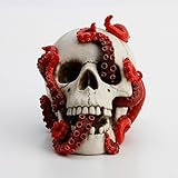 Veronese Resin Statues The Abyss Lurks Within Red Octopus Inhabiting A Human Skull Statue 7 X 5.25 X 4.5 Inches White