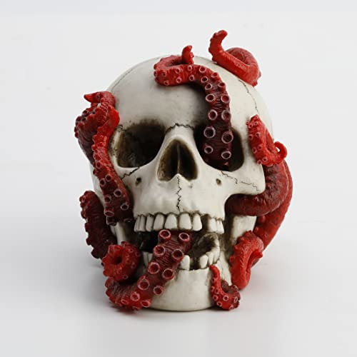 Veronese Design The Abyss Lurks Within Red Octopus Inhabiting a Human Skull Statue