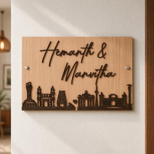 Image of Personalized Wooden Name Plate 12x7 Inch Custom Couple Name Board for Home Door Decorative Wall Name Sign with Golden Acrylic Letters Modern Entrance Name Plate