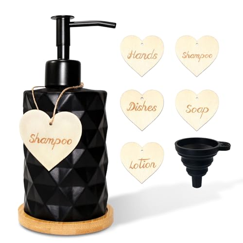 Distributeur Soap Noir Mat,Vintage Dispenser en Verre 330ml avec Tête de Pompe en Acier Inoxydable Support en Bois Étiquettes Porte Savon Liquide Liquide...