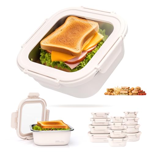 20oz Stainless Steel Lunch Box With Leakproof Tempered Glass Lids Microwavable Stainless Steel Food Storage Containers Stackable Freezer Fruit Snack Meal Prep Metal Bento Box for Travel Picnic Square