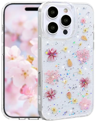Coque transparente fleurs séchées iPhone 16 Pro rose pour un style estival