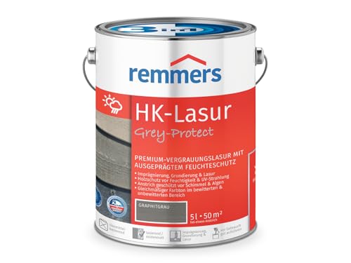 Remmers HK-Lasur 3in1 Grey-Protect graphitgrau, 5 Liter, Holzlasur für Vergrauung außen, 3 Holzschutz Produkte in einem, Feuchtigkeit- und UV-Schutz