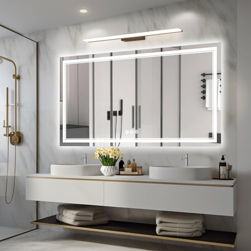 Image of 55x30 Inch Led Mirror for Bathroom with Front Light and Backlit, Bathroom Mirror with Led Lights, Vanity Mirror with Lights for Wall, Anti-Fog, Dimmable, Memory Function, Tempered Glass