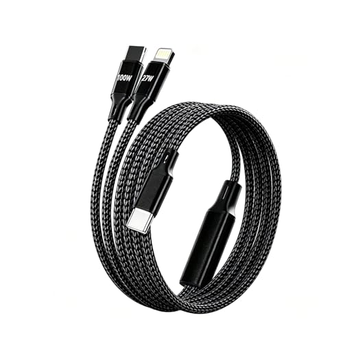 Image of Verilux 2 in 1 Type C to C & Lighting Charging Cable 1.2M, PD 100W C Type & 27W Lighting Cable with 480Mbps Data Transfer, Nylon Braided for iPhone, Galaxy, Laptops, iPad, Black