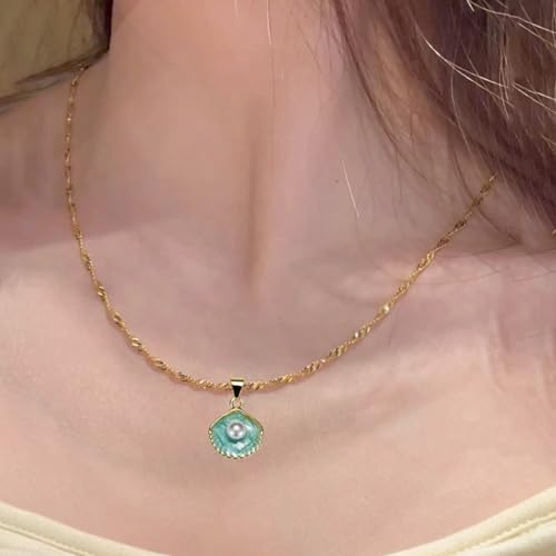 Shell Pearl Necklace Charm Necklace Beach Jewelry for Women Dainty Gold Chain Simple Summer Jewelry Blue Seashell Jewelry Gifts for Women 5