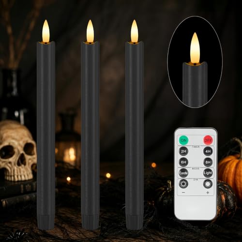 Image of Black Flameless Taper Candles with Remote, Halloween Candles Decor | Real Wax Battery Operated Candlesticks Flickering, 9.6 inch LED Candle for Table Mantel Display, Home Party Festival Decorations