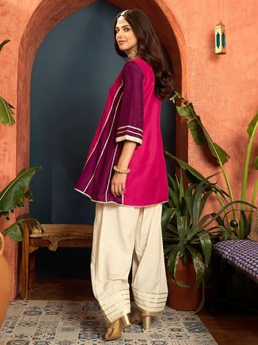 Image of EthnicJunction Women's Cotton Silk gota Patti Work High-Low Kurti with farshi Salwar | Co Ord Set for Women Stylish | Festival wear | Kareena Kappor Kurta Set | Wedding | Ethnic Kurta Set