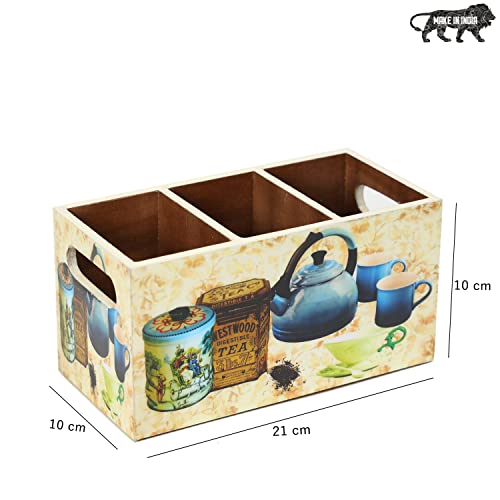 Image of DULI Multipurpose Stand, Cutlery Holder, Spoon Stand, Table Organizer with 2 Sections, Chammach Stand (10cm x 15cm) (3 Section: TeaKettle)