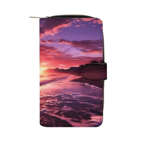 Womens Wallets Leather Ladies Wallet Large Beach Sunset Printed Long Travel Clutch Wallet for Women