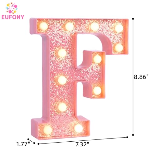 Image of Pink Marquee Light Up Letters, Glitter Alphabet LED Letter Lights for Pink Birthday Party Decorations, Battery Operated Letter Sign for Girls Room Vanity Table Decor, Warm White Lights Letter F