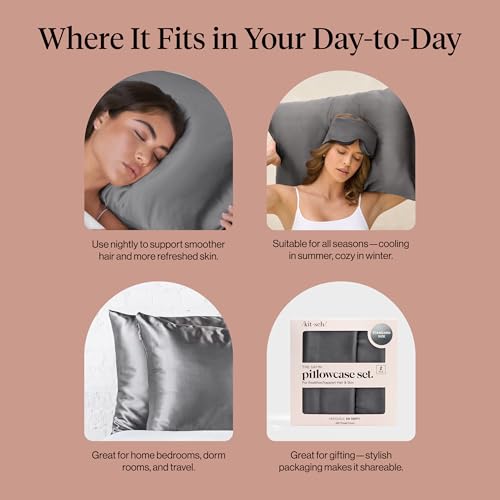 Image of Kitsch Satin Pillowcase with Zipper for Hair & Skin - Softer Than Silk Pillow Cases, Smooth Cooling Satin Pillow Case, Wrinkle-Free, Machine Washable, Pillow Cases Standard Size 19x26 - Charcoal, 2pc
