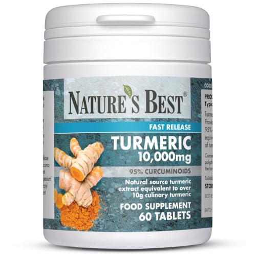 Nature's Best Turmeric 10,000mg Tablets Fast Release - High Strength, 95% Curcuminoids - Taste-Free - UK Made - 60 Tablets (2 Months' Supply)