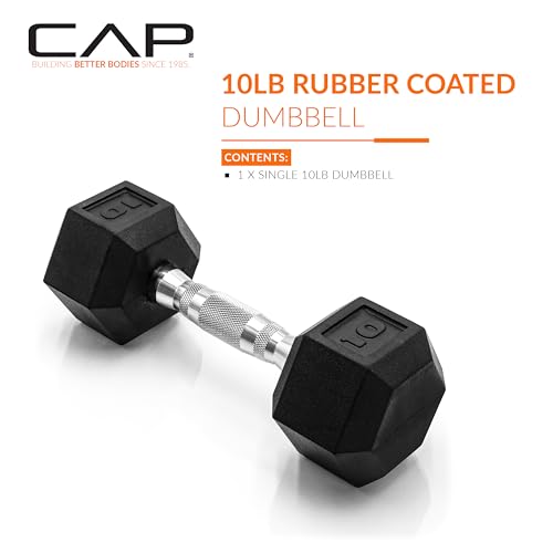Image of CAP Rubber Coated Dumbbell Weights, Free Weights for Home Gym Strength Training, Anti-Roll Hex Dumbbells with Black, Chrome & Comfort Grip Handles, Singles