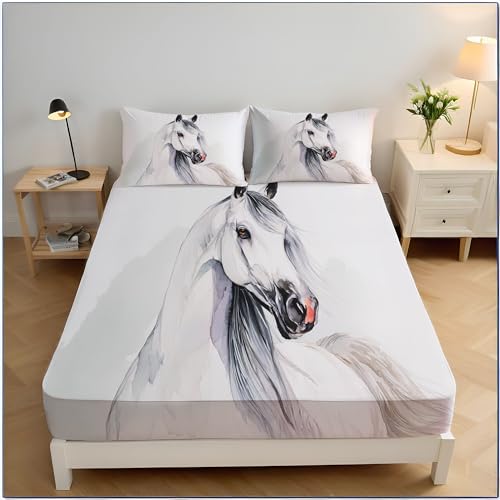 Drap housse en microfibre 180x200 cm blanc imprimé cheval pour grand matelas