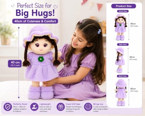 Image of Cute Doll Soft Toy for Girls 40CM | Purple Plush Doll Teddy for Kids | Ultra Soft Stuffed Baby Doll Toy | Huggable Washable Plush Toy Gift for Boys & Girls