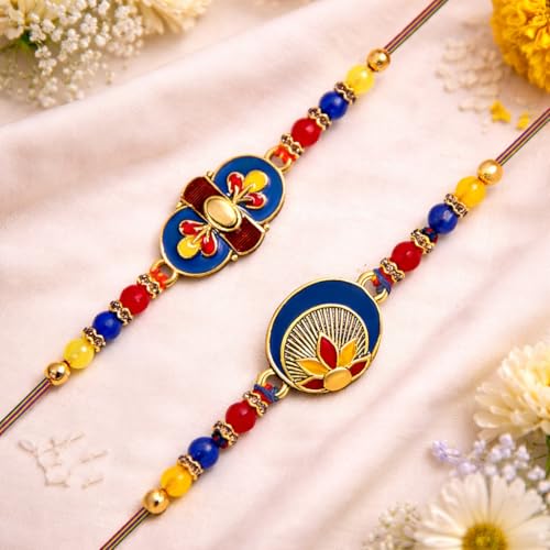 Image of Riddhika Ventures Stylish Kundan and AD Ring Rakhi (Set of 2) with Roli Chawal and Greeting Card || Raksha Bandhan Traditional Festive Gift (B1C1)