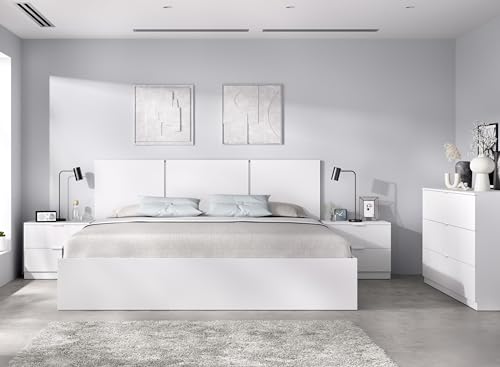 DEKIT GRUPO RIMOBEL HAVANA PACK - Conjunto de cabezal de tres plafones con dos mesitas, aro de cama 135/140X190 y cómoda de tres cajones - BLANCO