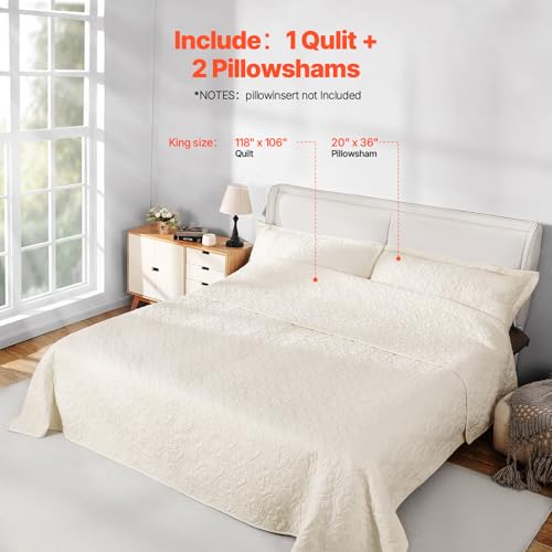 Image of VEVOR King Quilt Set, 3-Piece Lightweight Comforter, Cotton King Size Quilt Bedding Set, Beige Bedspreads with 1 Quilt and 2 Pillow Shams, Lightweight Bedspread Coverlet Bedding Set, for All Season