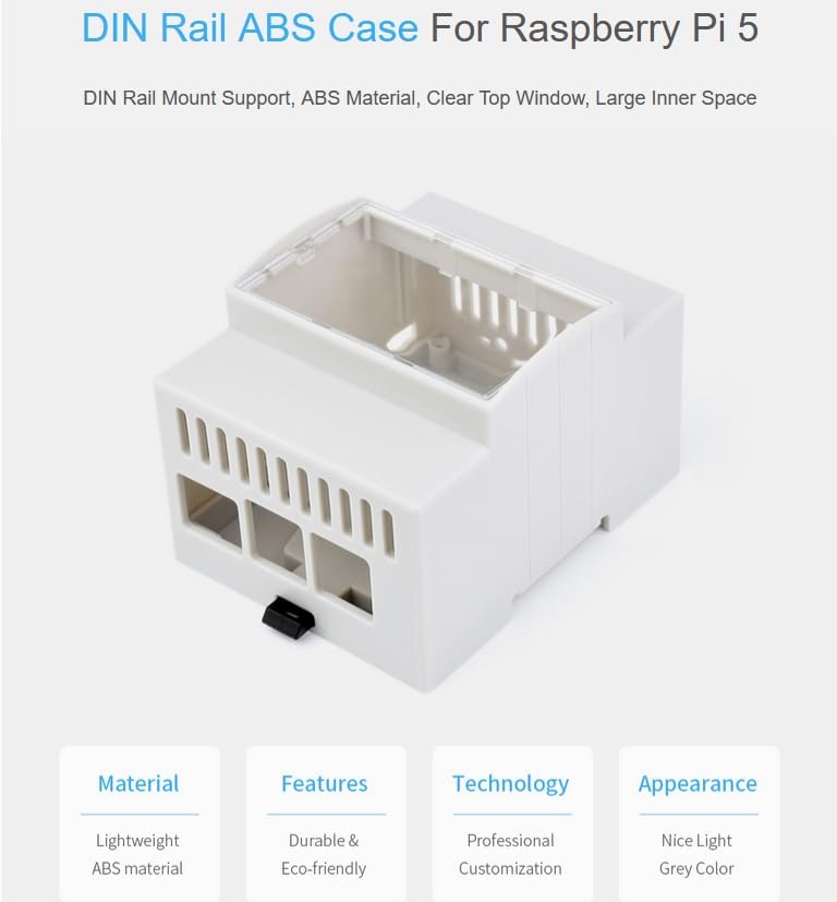 DIN Rail ABS Case for Raspberry Pi 5, for Raspberry Pi 5 Case Clear Top Window Large Inner Space Compatible with Various Raspberry Pi Hats-PoE HAT (F), RS485 CAN HAT, 2-CH RS485 HAT