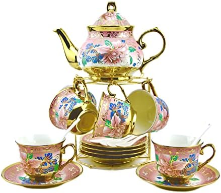 20 Pieces Porcelain Tea Set With Metal Holder, European Ceramic tea set for adults,Flower Tea Set,Tea Set For Women With Flower Painting (Large version, Pink)