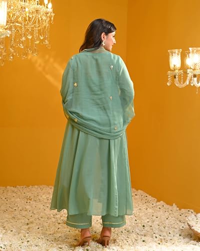 Image of GoSriKi Women's Rayon Viscose Embellished Anarkali Kurta with Pant & Dupatta
