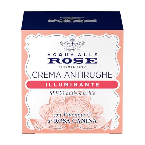 Acqua alle Rose, Crema Viso Antirughe Illuminante con Vitamina C di Rosa Canina, Ideale per le Pelli Spente o Opache, Azione Antiossidante, Antimacchie e Illuminante, con SPF20 - 50 ml