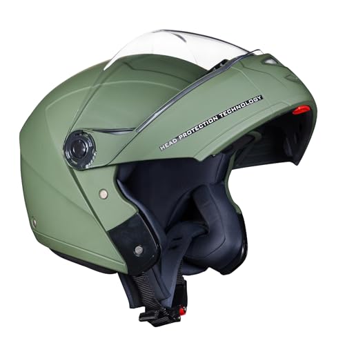 Image of Royal Enfield MOD Adroit Modular Flip up Helmet | ISI Certified | Thermosplastic Shell | Micrometric Lock | UV Treated & Scratch Resistant Visor |Battle Green (M) 58 CM