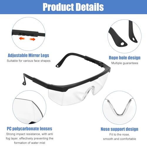 GOSHIES Schutzbrille 10 Stück Arbeitsschutzbrille Sicherheitsbrille Schutzbrille für Brillenträger mit verstellbaren Bügeln Arbeitsschutzbrille Antibeschlag Antispeichel Schwarz + Blau