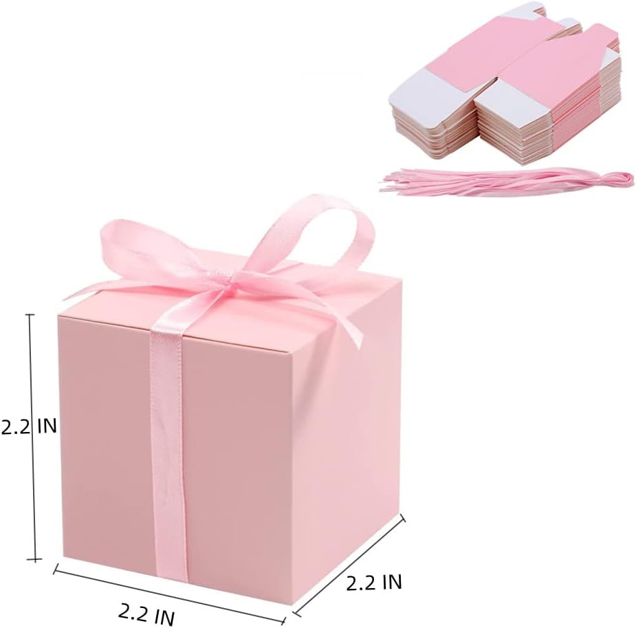 KUPOO 50PCS Favor Boxes,Candy Boxes 2.2x2.2x2.2 Inches Small Gift Boxes with Ribbons for Wedding Baby Shower Decorations Birthday Party Supplies (Pink) - Image 2