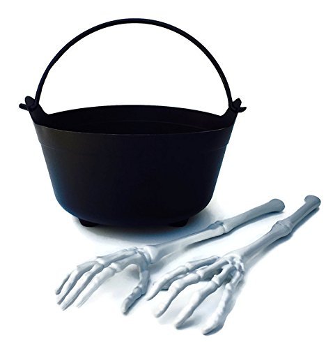 Halloween Witch Serving Cauldron Bowl and Creepy Skeleton Hand and Arm Tongs Bundle - Two Items: One Witches Serving Bowl, One Pair Skeleton Hand and Arm Tongs